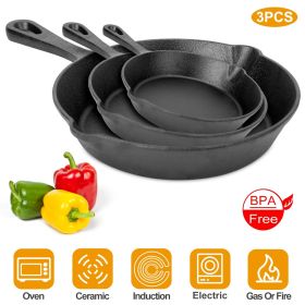 3Pcs Pre-Seasoned Cast Iron Skillet Set 6/8/10in Non-Stick Oven Safe Cookware Heat-Resistant Frying Pan (Color: BLACK)