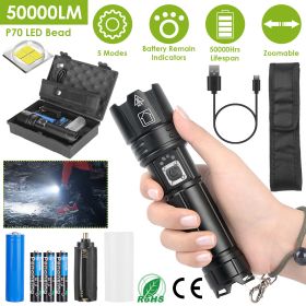 Tactical LED Flashlight Zoomable Rechargeable Search Light Torch (Color: BLACK)